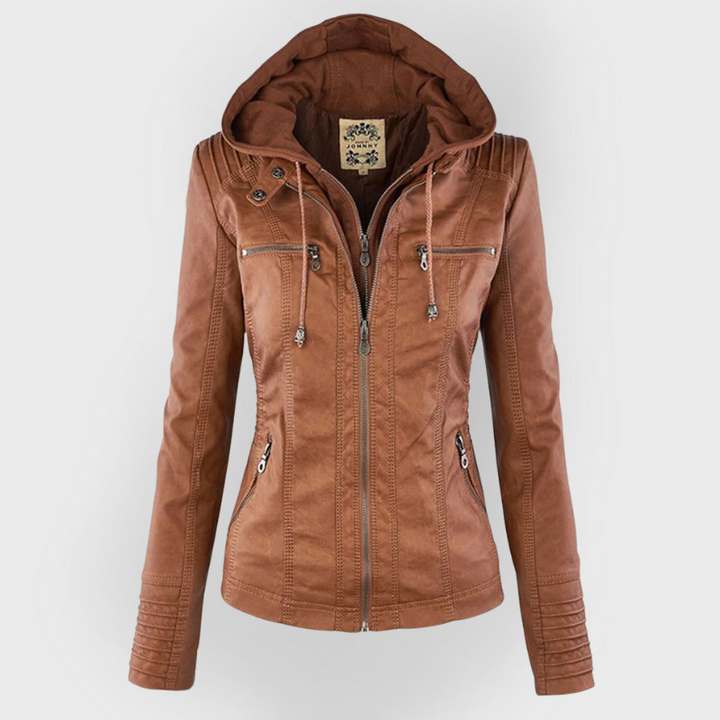 Giacca moderna in pelle con cappuccio