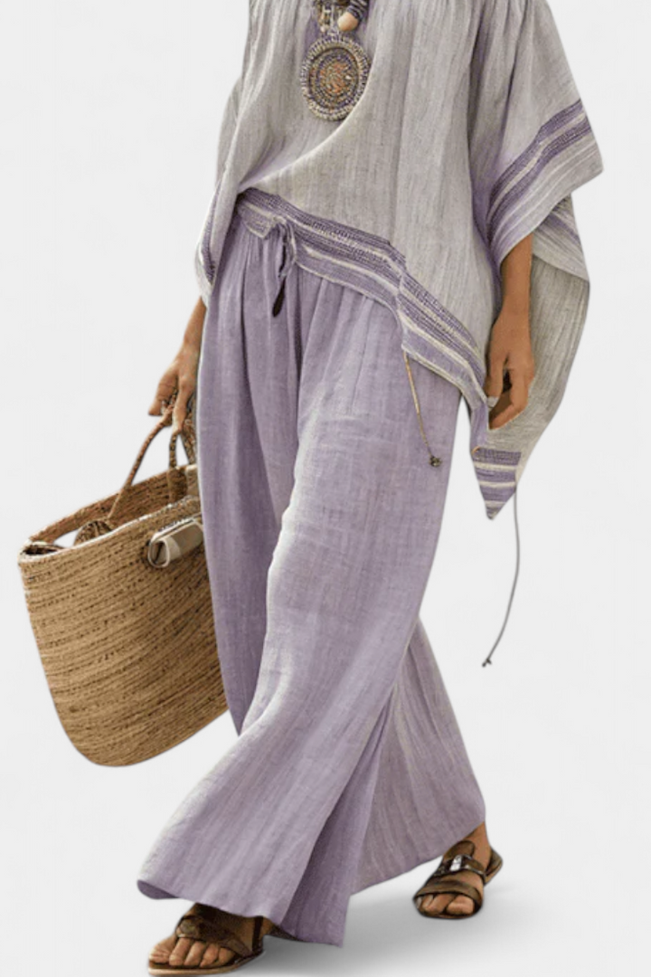 Daisy Set | Completo in Lino di Bambù con Spalle Scoperte e Pantaloni a Righe