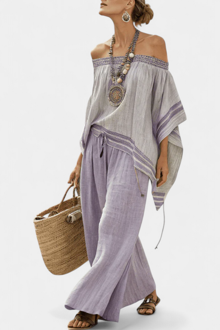 Daisy Set | Completo in Lino di Bambù con Spalle Scoperte e Pantaloni a Righe
