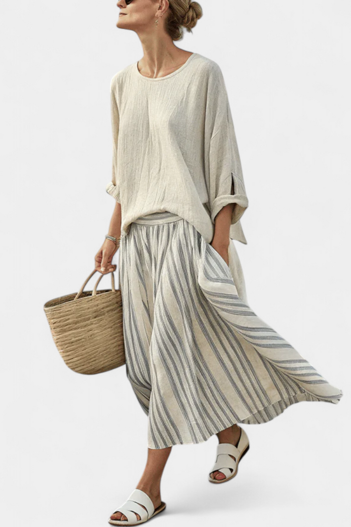 Daisy Set | Blusa Oversize & Gonna Midi in Lino di Bambù a Righe