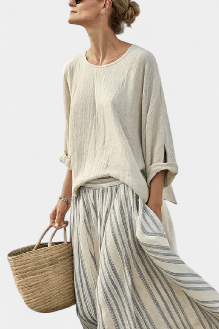 Daisy Set | Blusa Oversize & Gonna Midi in Lino di Bambù a Righe