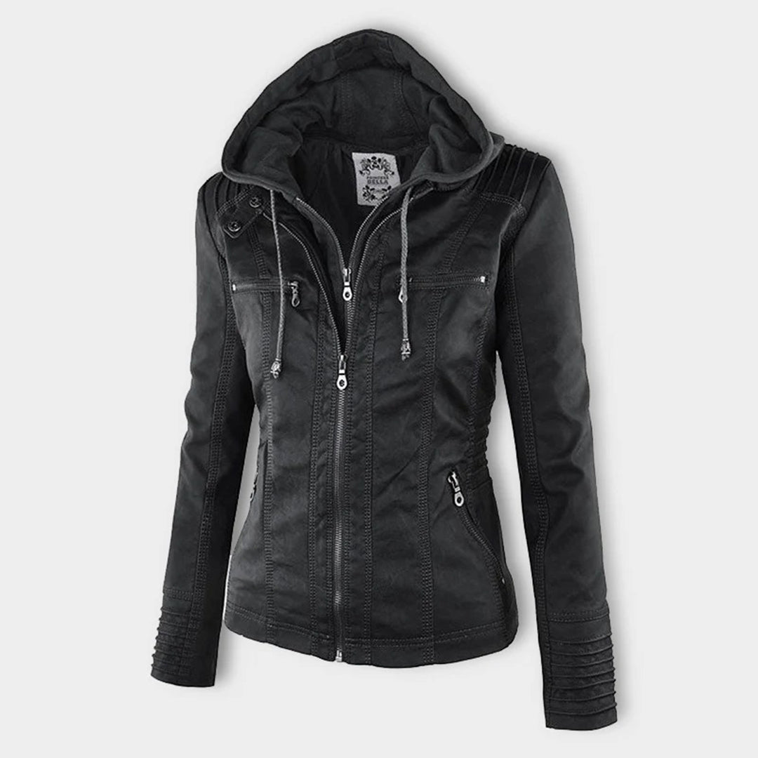 Giacca moderna in pelle con cappuccio