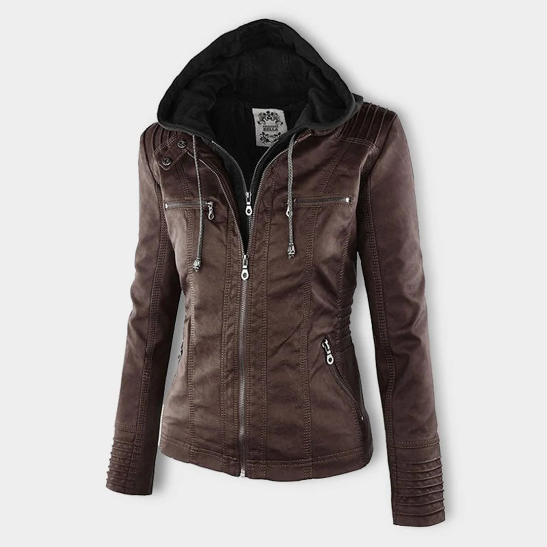 Giacca moderna in pelle con cappuccio