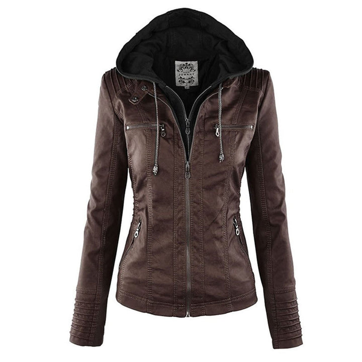 Giacca moderna in pelle con cappuccio