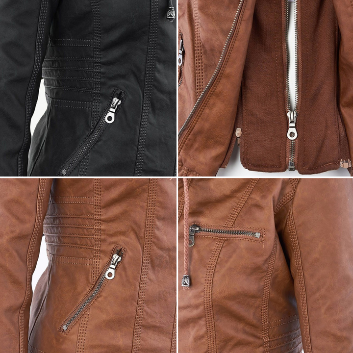 Giacca moderna in pelle con cappuccio