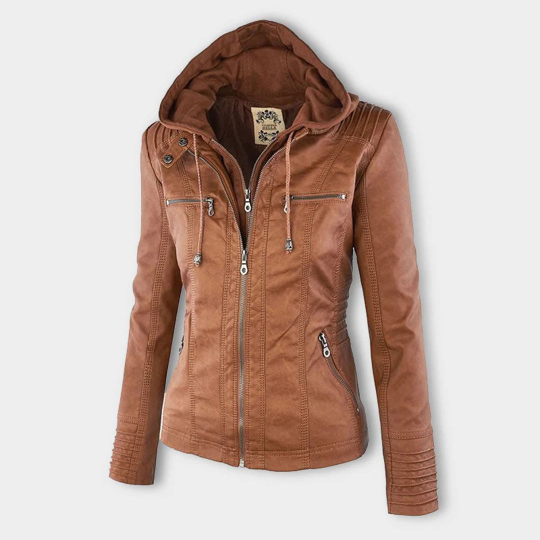 Giacca moderna in pelle con cappuccio