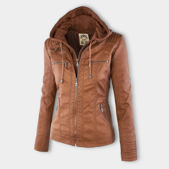 Giacca moderna in pelle con cappuccio