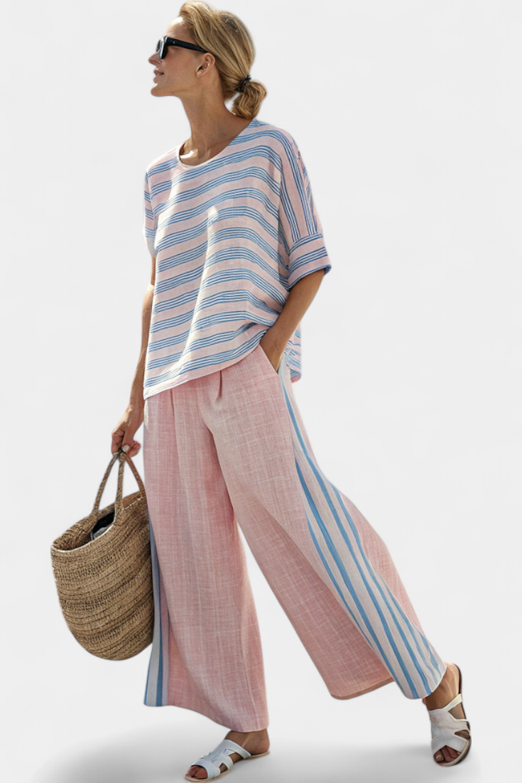 Daisy Set | Rosa Pastello & Righe Azzurre in Lino di Bambù