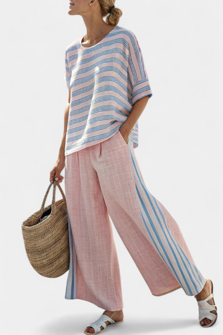 Daisy Set | Rosa Pastello & Righe Azzurre in Lino di Bambù