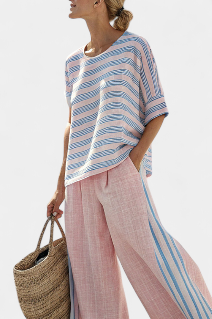 Daisy Set | Rosa Pastello & Righe Azzurre in Lino di Bambù