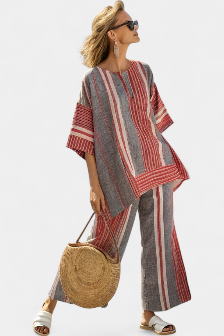 Daisy Set | Completo Oversize in Lino con Righe Rosse Corallo e Grigie