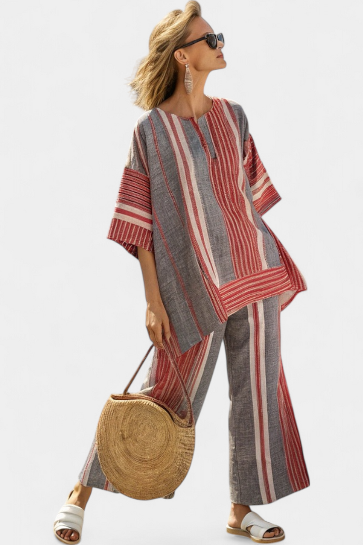 Daisy Set | Completo Oversize in Lino con Righe Rosse Corallo e Grigie