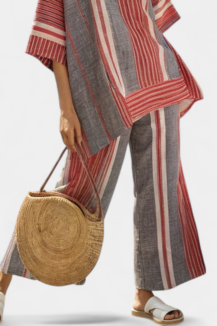 Daisy Set | Completo Oversize in Lino con Righe Rosse Corallo e Grigie
