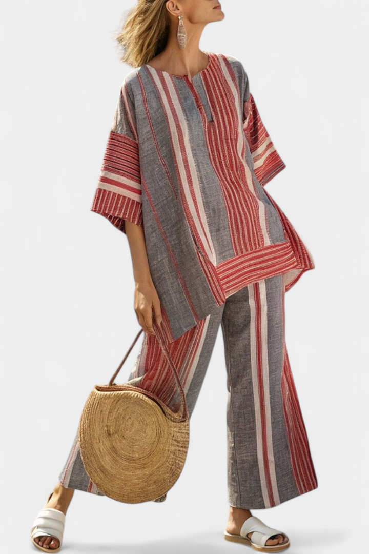 Daisy Set | Completo Oversize in Lino con Righe Rosse Corallo e Grigie