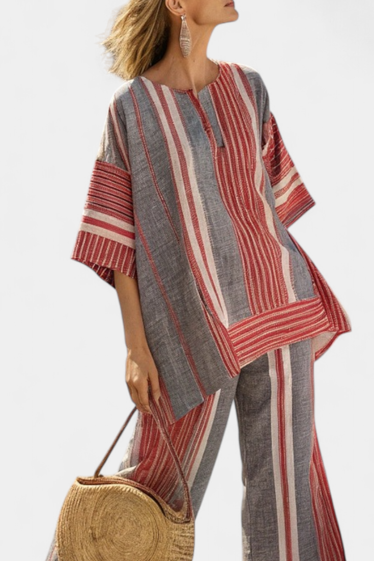 Daisy Set | Completo Oversize in Lino con Righe Rosse Corallo e Grigie
