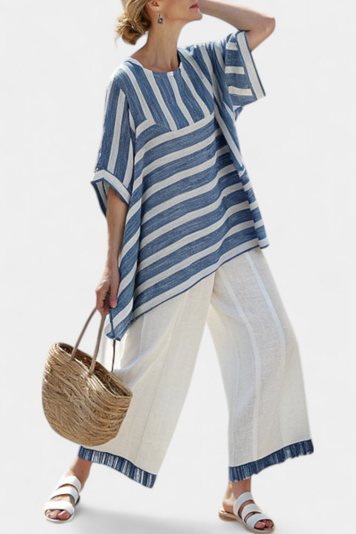 Daisy Set | Lino Mediterraneo con Strisce Blu & Orlo Elegante