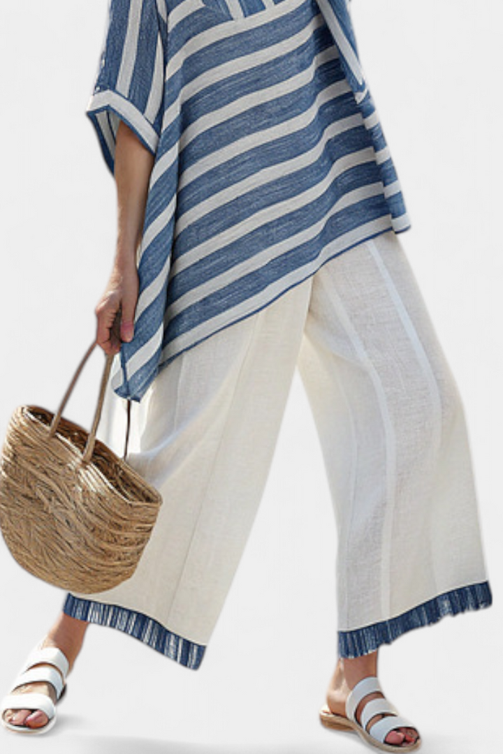 Daisy Set | Lino Mediterraneo con Strisce Blu & Orlo Elegante