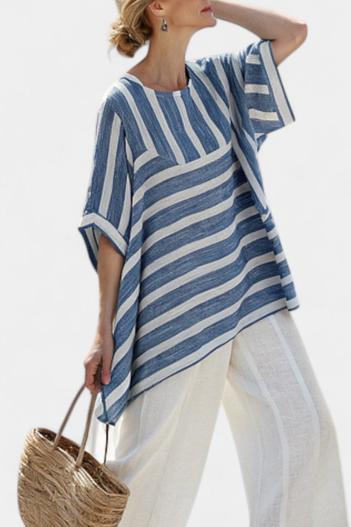 Daisy Set | Lino Mediterraneo con Strisce Blu & Orlo Elegante