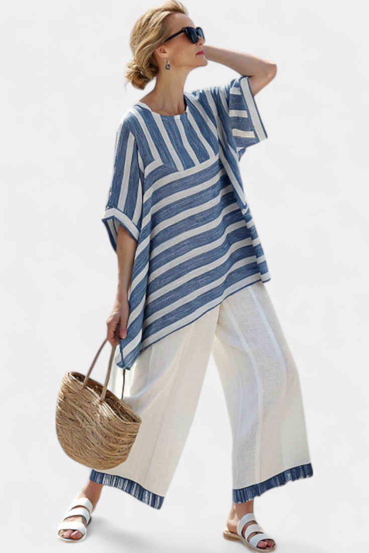 Daisy Set | Lino Mediterraneo con Strisce Blu & Orlo Elegante