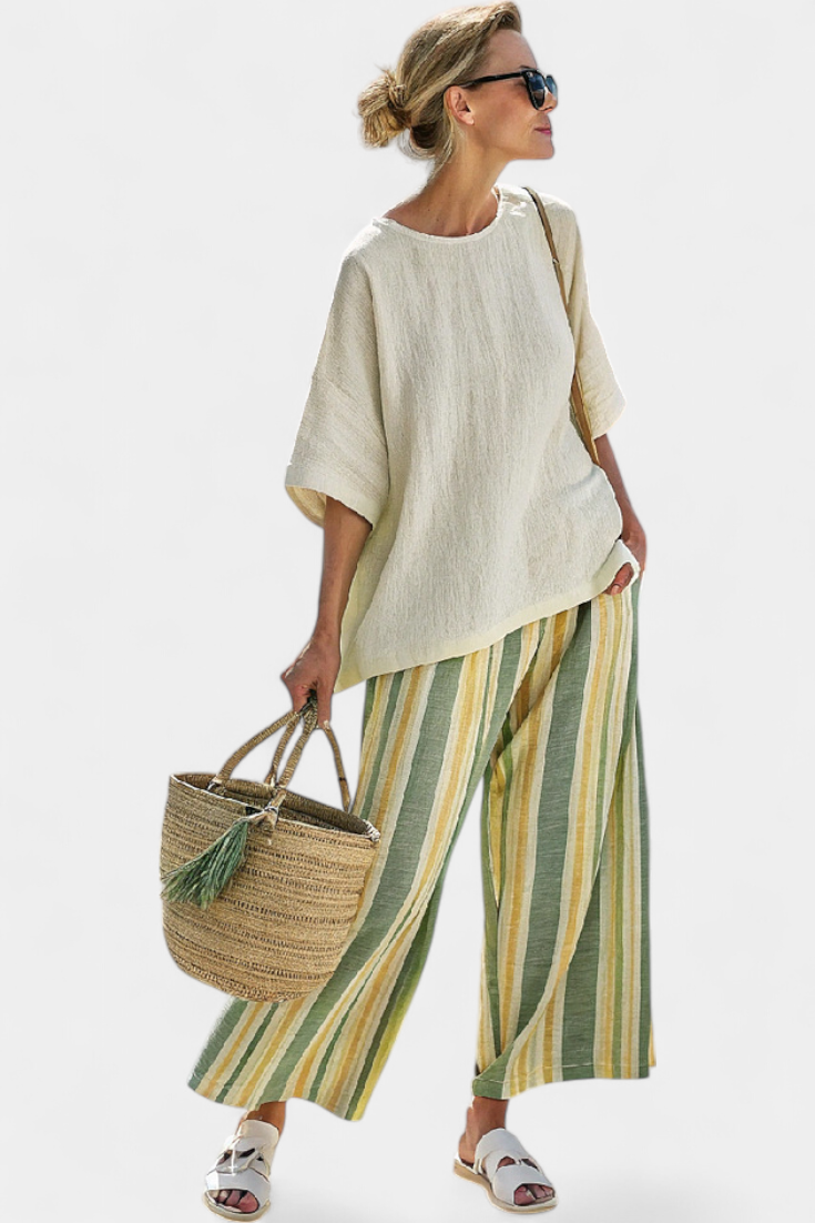 Daisy Set | Lino di Bambù con Righe Verde Oliva – Stile Fresco e Sofisticato