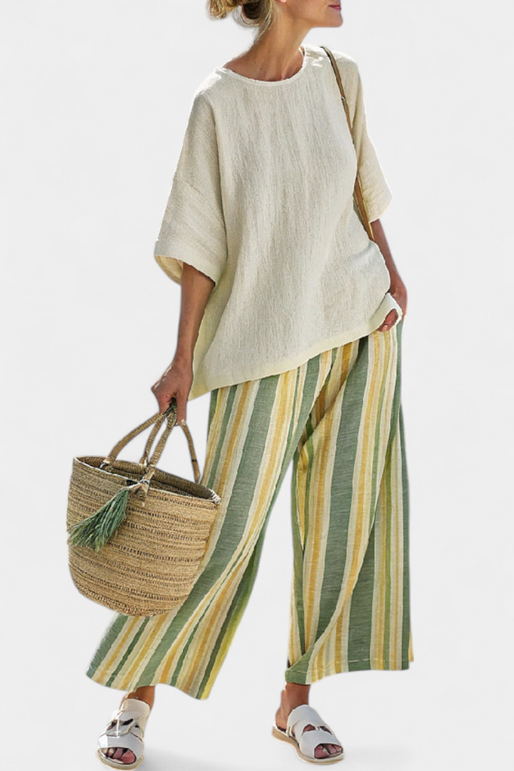 Daisy Set | Lino di Bambù con Righe Verde Oliva – Stile Fresco e Sofisticato