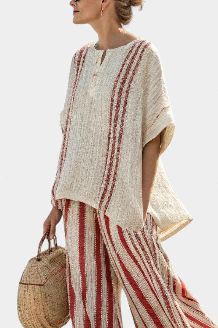 Daisy Set | Completo a Due Pezzi con Strisce Rosse in Lino Naturale