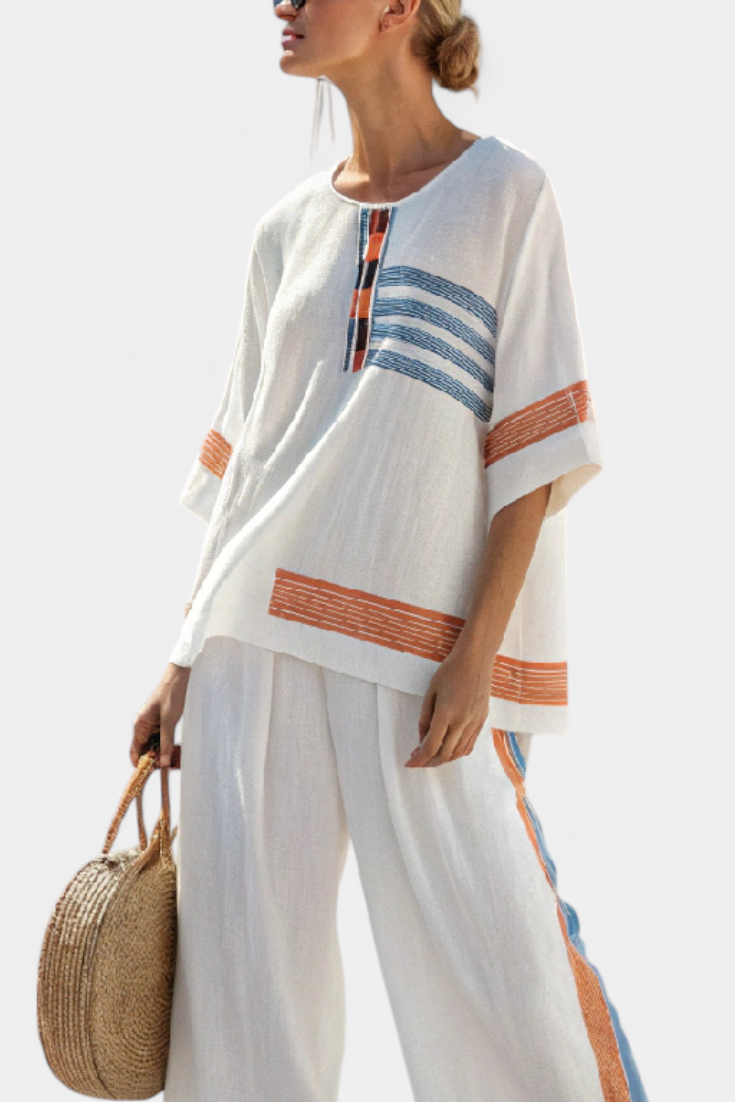 Daisy Set | Bianco con Righe Blu & Arancioni – Stile Etnico Vibrante