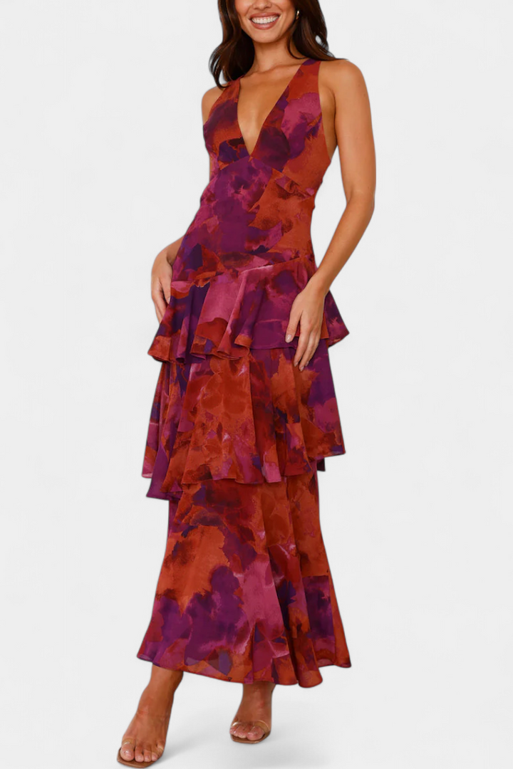 Domenica | Abito in Chiffon con Scollo a V e Strati Fluidi