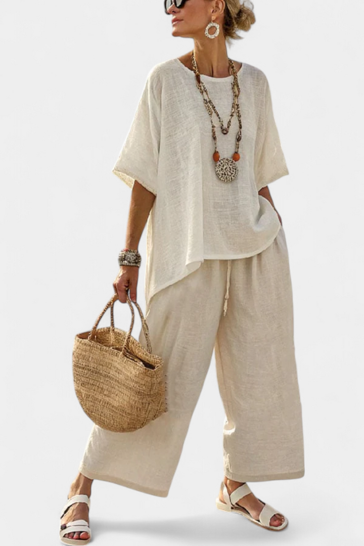 Daisy Set | Completo Minimalista in Tonalità Naturali – Blusa Oversize & Pantaloni Larghi Eleganti