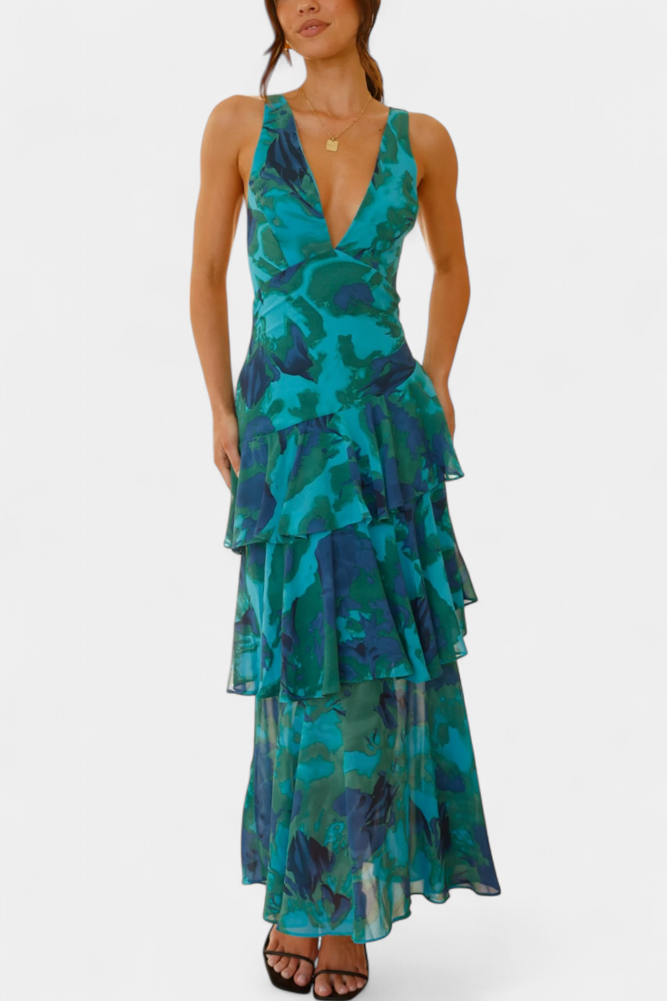 Domenica | Abito in Chiffon con Scollo a V e Strati Fluidi