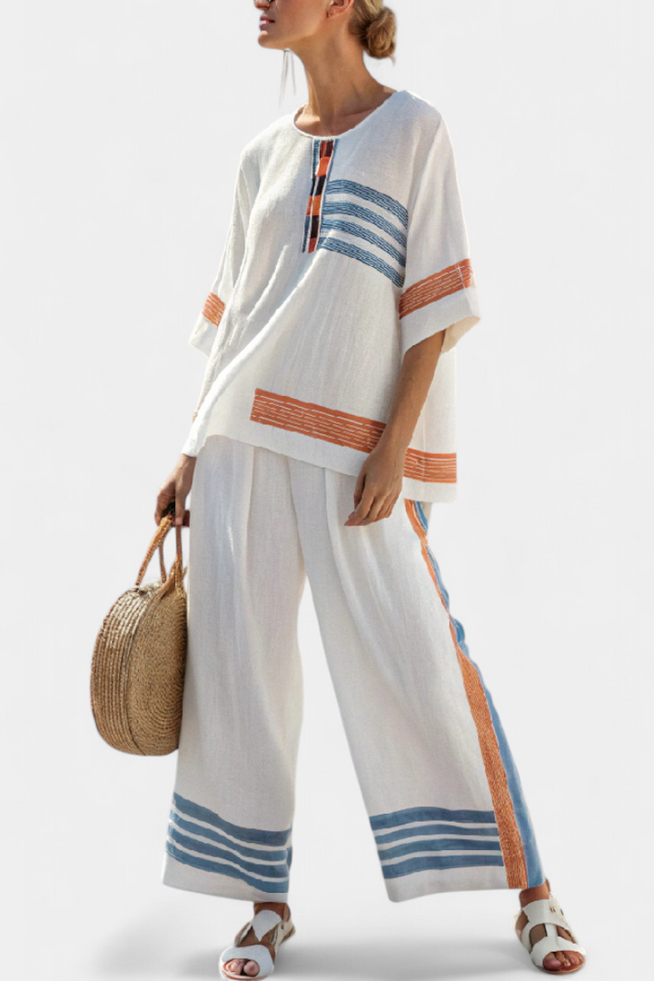 Daisy Set | Bianco con Righe Blu & Arancioni – Stile Etnico Vibrante