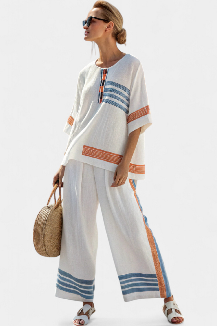 Daisy Set | Bianco con Righe Blu & Arancioni – Stile Etnico Vibrante