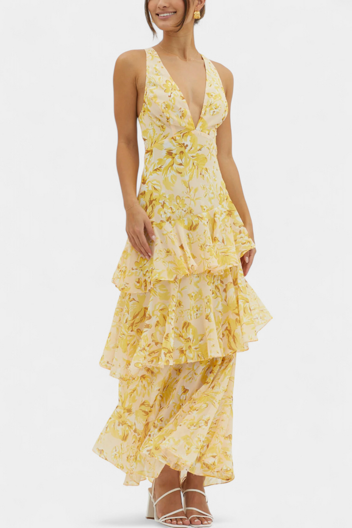 Domenica | Abito in Chiffon con Scollo a V e Strati Fluidi
