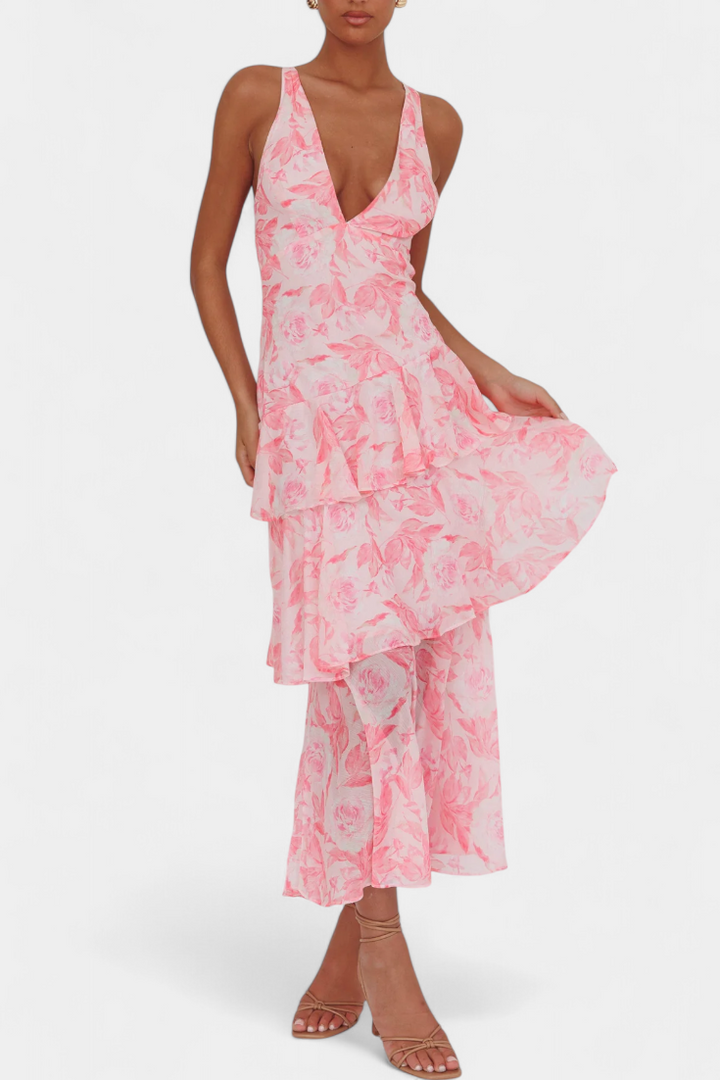 Domenica | Abito in Chiffon con Scollo a V e Strati Fluidi