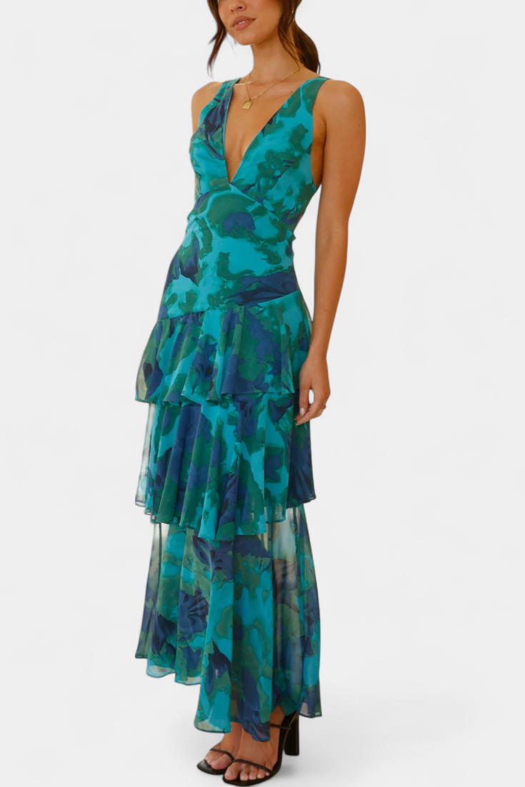 Domenica | Abito in Chiffon con Scollo a V e Strati Fluidi