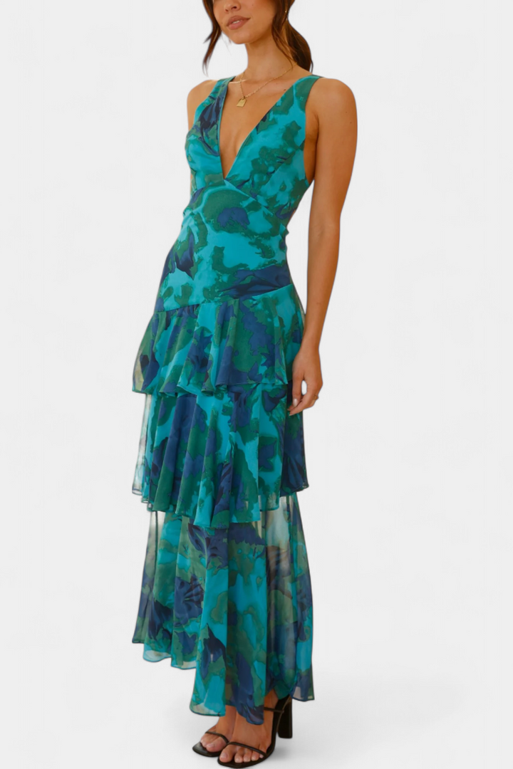 Domenica | Abito in Chiffon con Scollo a V e Strati Fluidi