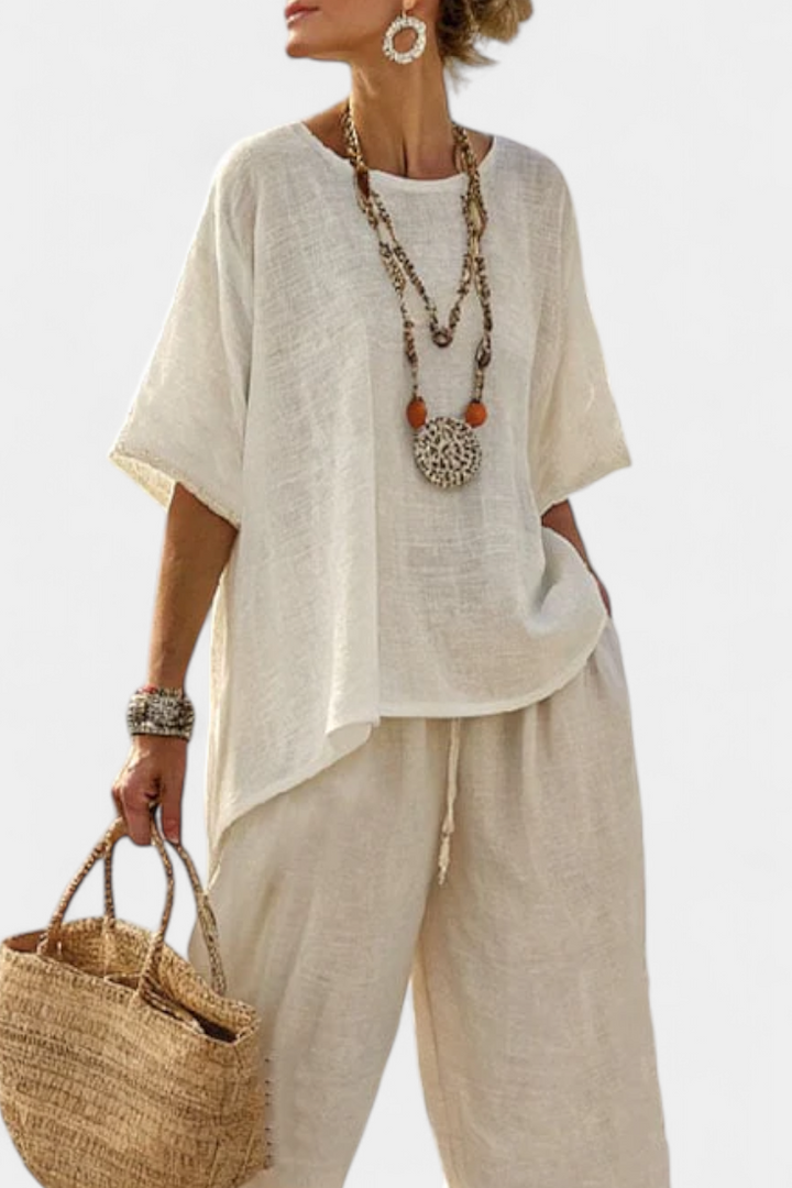 Daisy Set | Completo Minimalista in Tonalità Naturali – Blusa Oversize & Pantaloni Larghi Eleganti