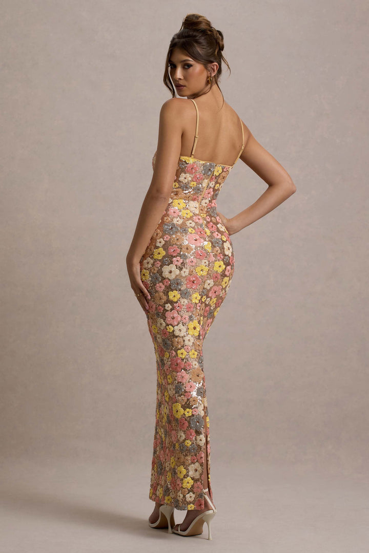Abito lungo floreale con paillettes