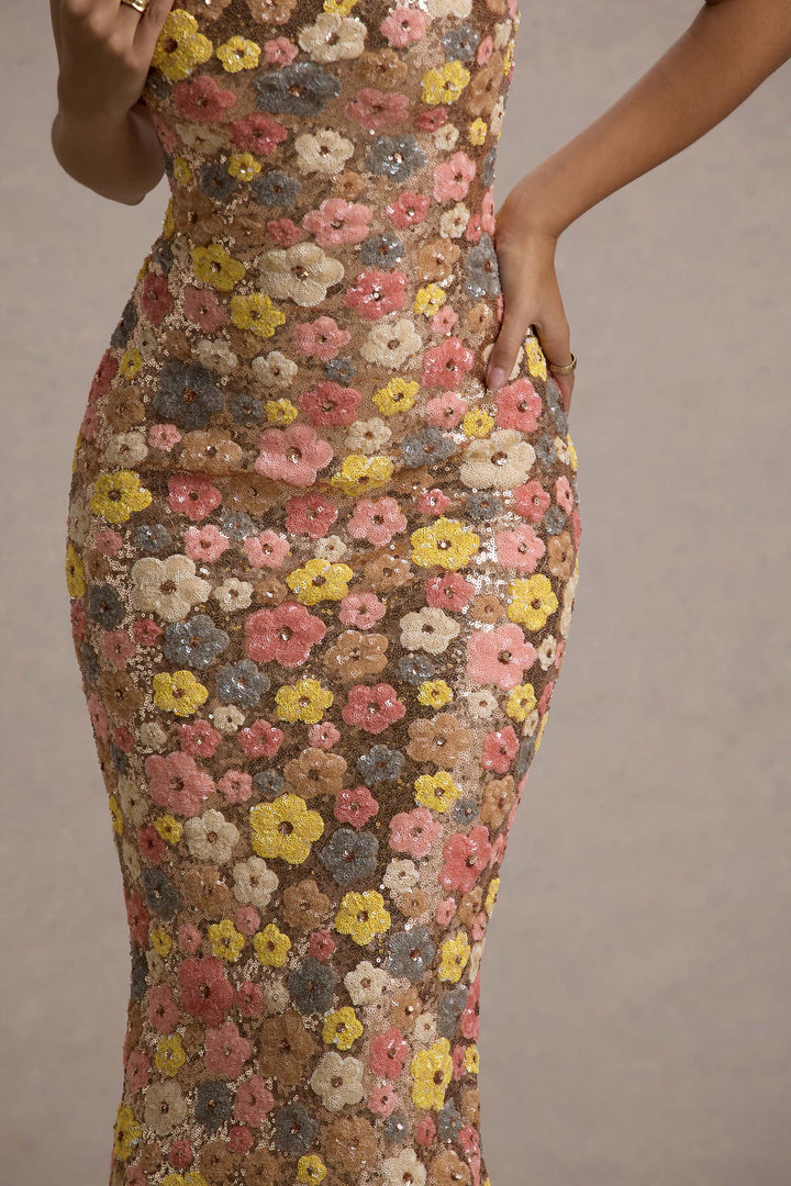 Abito lungo floreale con paillettes