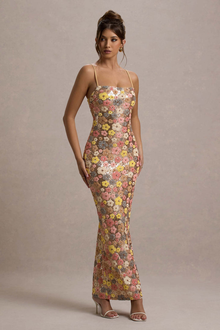 Abito lungo floreale con paillettes