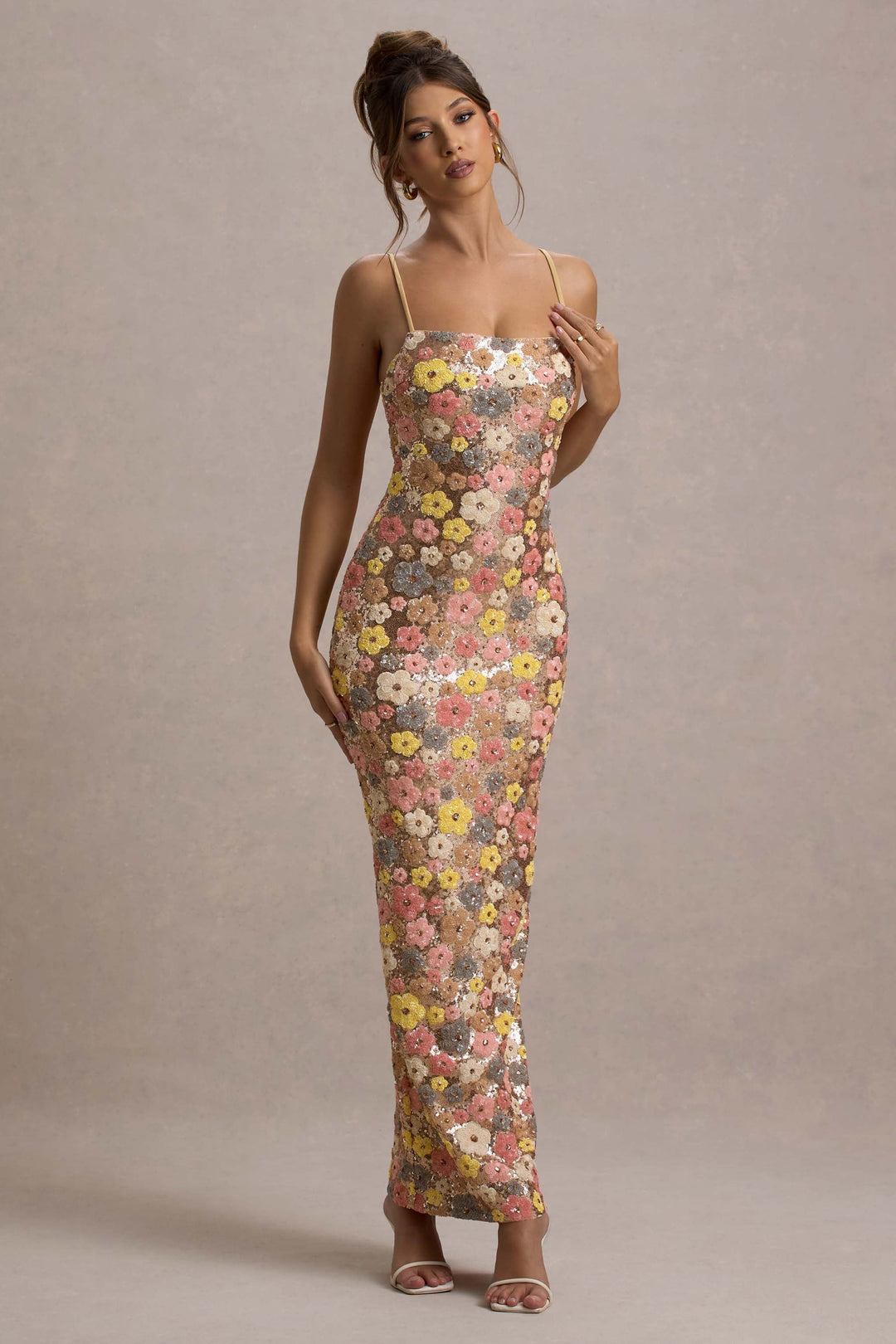 Abito lungo floreale con paillettes